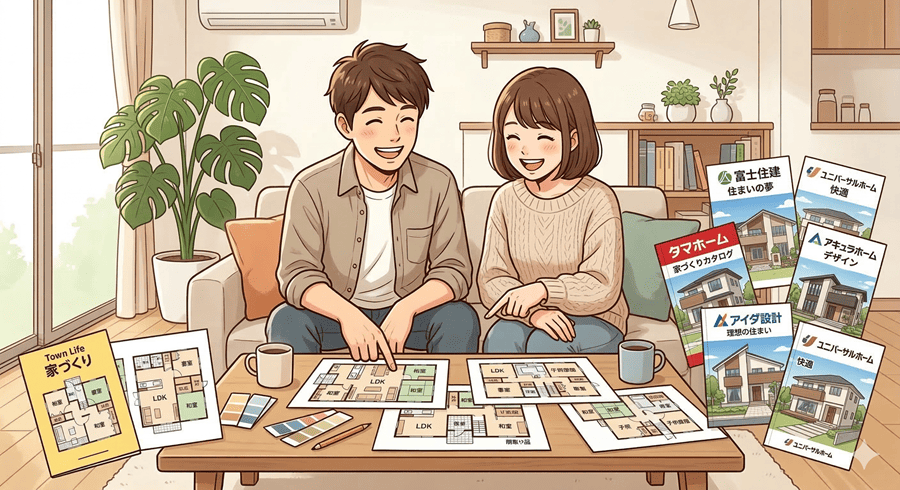 間取りプランを見比べている30代夫婦